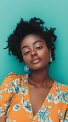 A woman with a flowery dress and blue earrings