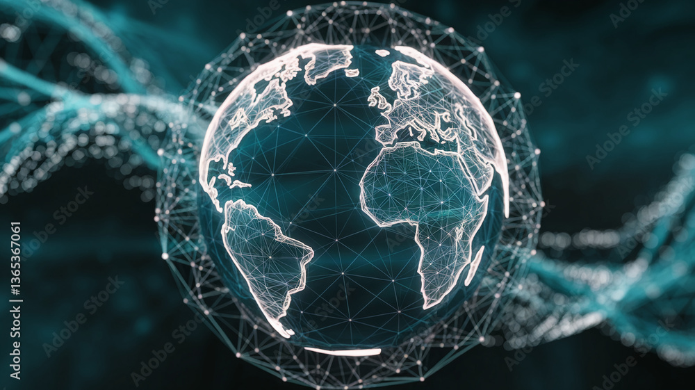 Aufkleber abstract digital globe encased in a glowing network, teal background with light trails, symbolizing 