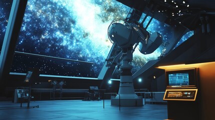 An AI driven futuristic deep space observatory analyzing distant galaxies with advanced telescopes and robotic exploration probes, Space exploration style, photo of