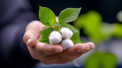 Hand Holding Cotton Bolls and Green Leaves