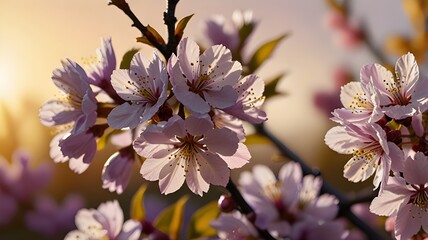 Obraz premium Close-up of violet cherry blossoms against a bright golden sky, a unique spring palette 