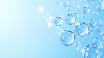 water drops and bubbles, molecules organic compounds blue background,Collagen Skin Serum and Vitamin , bubbles in water, playful and vibrant, for beauty skin care cosmetics, spa products,banner