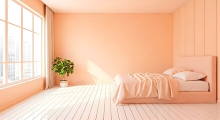 Fototapeta premium A pastel peach bedroom with large windows, white flooring, and warm sunlight pouring in, AI Generated