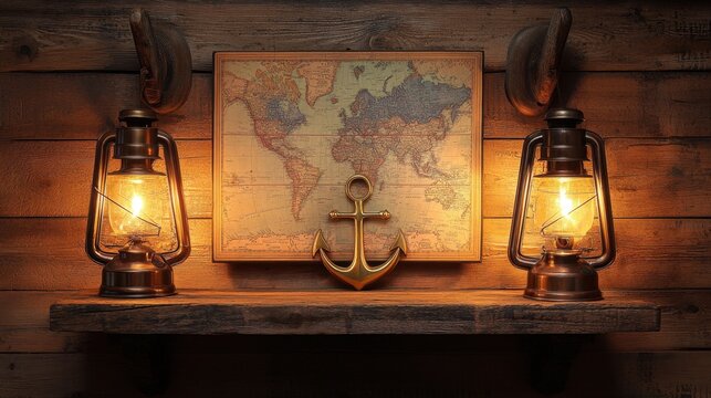 A rustic wooden shelf adorned with antique maps, brass anchors, and vintage lanterns, softly lit by warm light