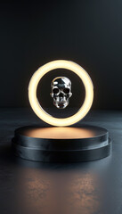 Halloween product display background podium, 3D round podium with a metallic chrome skull, surrounded by subtle LED ring lights on a sleek matte black floor, ad, podium platform, product presentation 