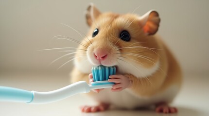 Fototapeta premium Little hamster with a small toothbrush.