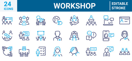 Workshop web icons in line style. Business. Containing team building, teamwork, coaching, meeting, managing, coaching.