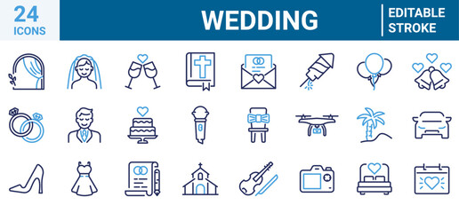 Set of 24 outline icons related to wedding. Linear icon collection. Editable stroke. Vector illustration