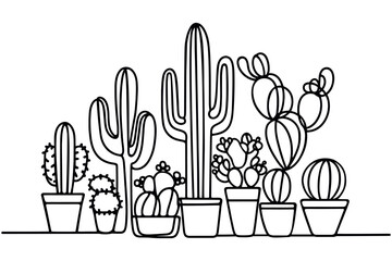 Continuous line drawing vector set of cacti in indoor pots isolated. hand drawn illustration