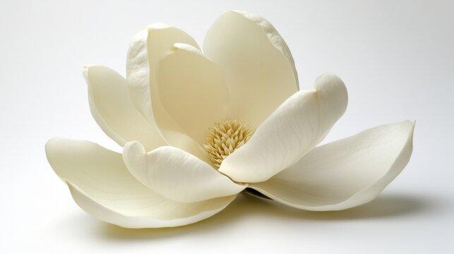 A single white magnolia bloom with its petals gently curling on a pure white background