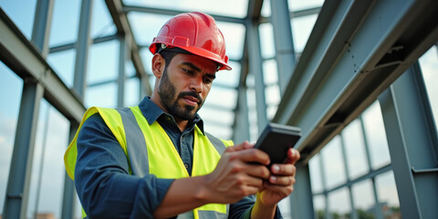 A man of Hispanic descent wears a hard hat and safety vest while using a smartphone on a construction site, focused and attentive to his task
