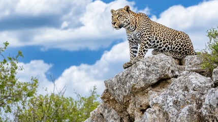 A sleek leopard perches atop a rocky cliff, its piercing eyes scanning the horizon, muscles poised in quiet strength