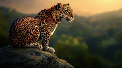 A sleek leopard perches atop a rocky cliff, its piercing eyes scanning the horizon, muscles poised in quiet strength