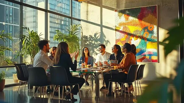 Team Collaboration in Modern Office Space with Large Window and Colorful Wall Art During Daylight
