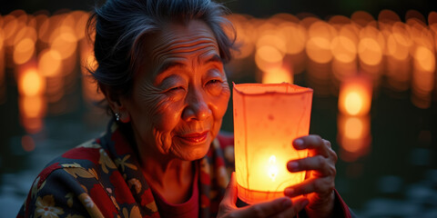 An elderly Asian woman holds a glowing lantern, gazing thoughtfully into the distance amidst a serene setting filled with floating lights