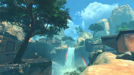 Naklejka premium Scenic valley with waterfall and rainbow. Lush vegetation, rocky terrain, and quaint structures