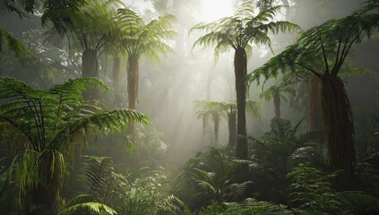 Naklejka premium Lush green jungle trees bask in natural sunlight with fog