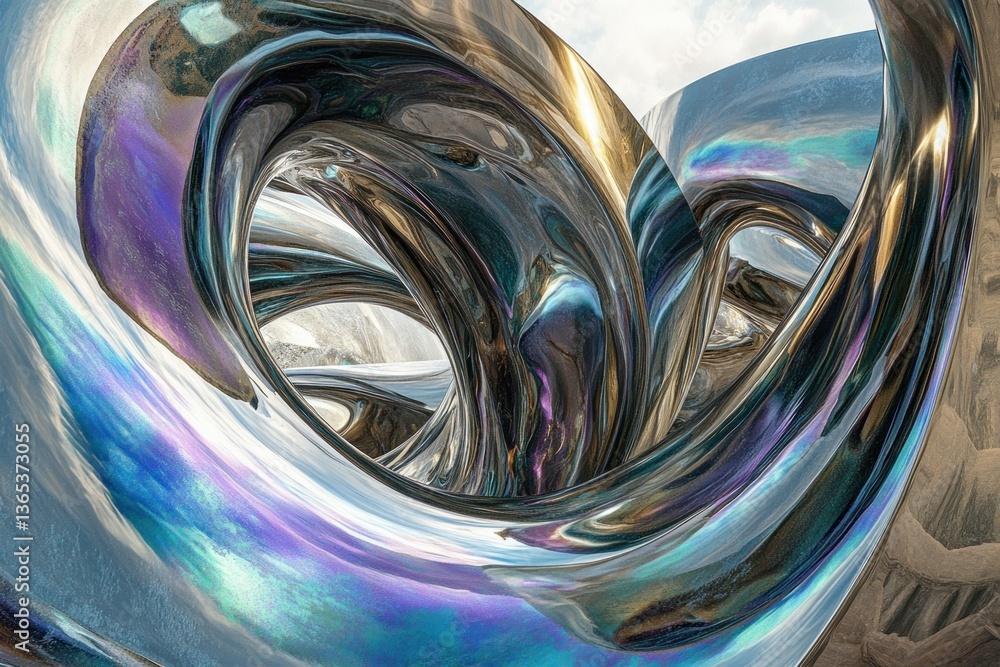 Poster abstract metallic sculpture with shiny reflective surfaces showcasing vibrant colors and flowing cur