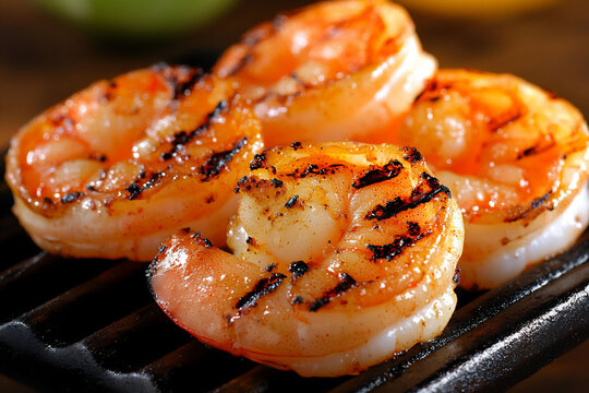 macro shot focusing on the char marks and juicy texture of the grilled shr