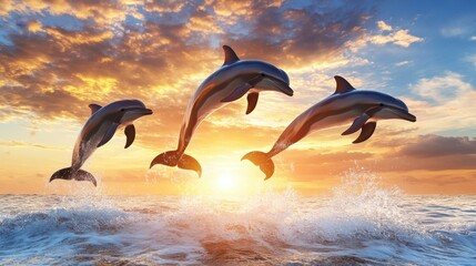A spectacular moment as dolphins leap against a glowing sky, framed by the soft ripples of sunset-touched waves