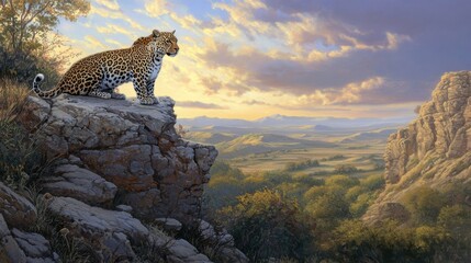 Obraz premium A spotted leopard gazes into the distance, perched atop a rocky cliffside with a breathtaking view of the savanna