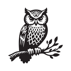 Obraz premium Majestic Owl Perched on Branch: Black and White Wildlife Vector Graphic