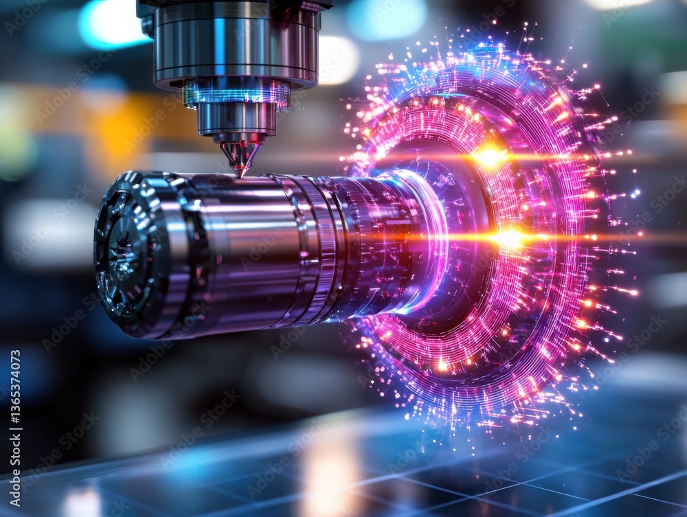 Poster advanced high-precision machining process with colorful sparks in modern manufacturing setting