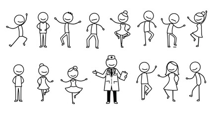 Stick figures in various poses, including a doctor.