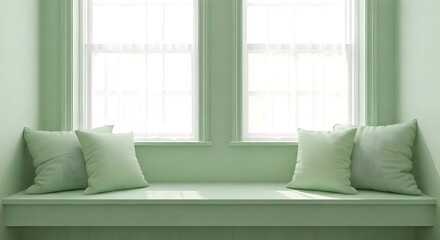 Fototapeta premium A pastel sage green reading nook with bright, crisp sunlight filtering through windows, AI Generated