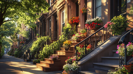 Fototapeta premium Brownstone buildings with steps adorned by vibrant flower boxes in morning light