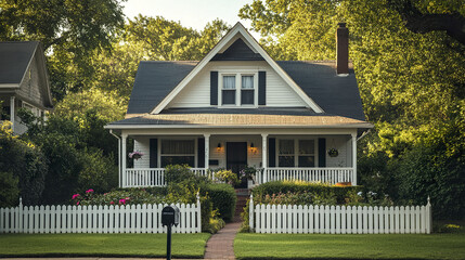 Classic American house with white fence and mailbox, surrounded by lush greenery