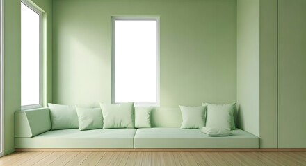 Fototapeta premium A pastel sage green reading nook with bright, crisp sunlight filtering through windows, AI Generated