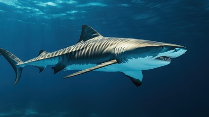 Obraz premium A tiger shark with its mouth open glides through the blue, its sharp teeth flashing in the filtered sunlight of the deep sea