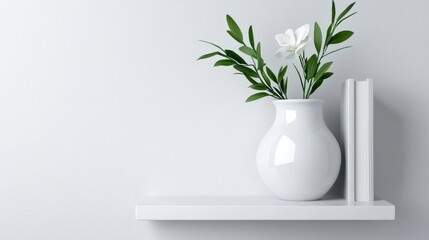 A white vase with a single white flower and green leaves sits on a white shelf.