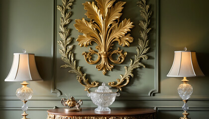 Elegant Home Interior Featuring Ornate Wall Decoration and Crystal Lamps