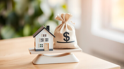 Home loan, reverse mortgage and saving for a real estate concept : House model, loan bag on basic balance scale, depicts saving for a house or flat manageable and turn a home buying dream into reality