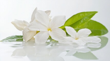 A white jasmine flower with subtle green leaves on a clean white background, representing purity and positive blessings