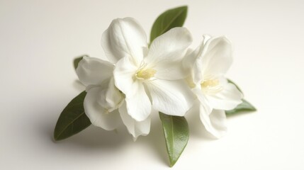 Fototapeta premium A white jasmine flower with subtle green leaves on a clean white background, representing purity and positive blessings