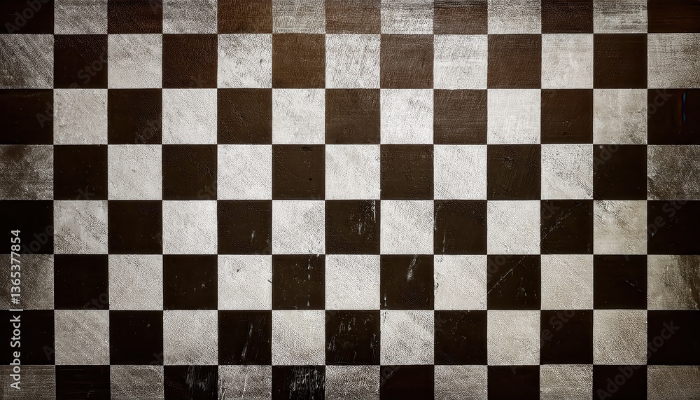 Poster grunge black and white checkerboard pattern with textured distressed surface, abstract geometric background for design use

