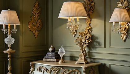 Elegant Interior with Lamps, Books and Decorative Gold Leaf Accents