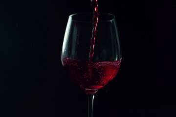 Red wine pouring in wineglass from bottle over black background. Wine list design menu with copyspace.
