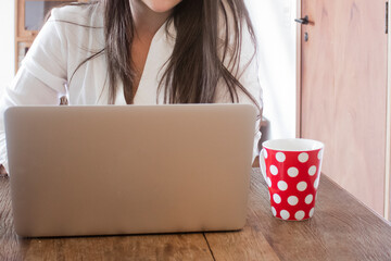 Young casual entrepreneur working on laptop at home office.