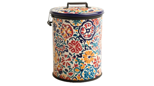 Decorative trash can with colorful pattern home interior product showcase modern environment artistic viewpoint