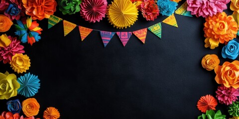 Colorful paper flowers and banners frame dark background, creating festive border. String of triangular pennants adds decorative touch. Concept of Cinco de Mayo, Mexican fiesta, party, traditions.