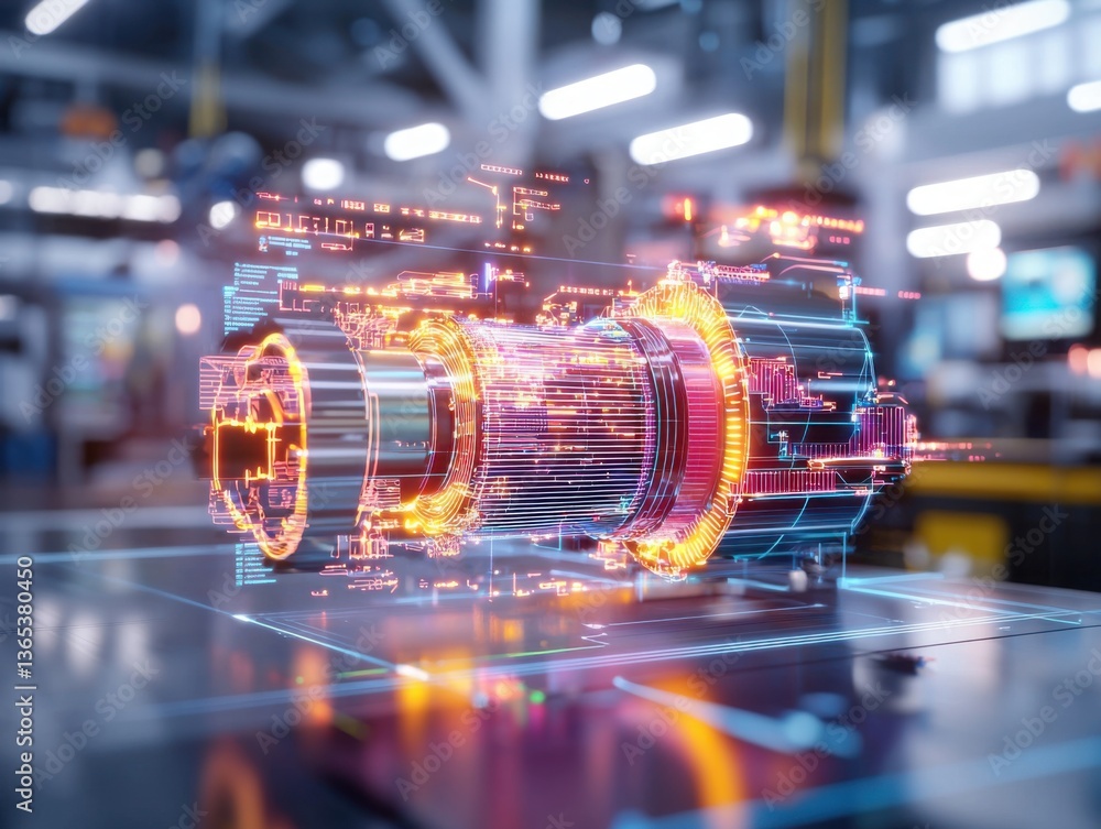 Aufkleber futuristic 3d rendering of a mechanical component with neon colors in a modern factory environment