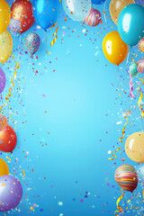 Birthday party background on blue. Top view. Frame made of colorful serpentine, balloons, candles, candies and confetti.