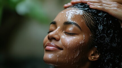 Woman with dark curly hair rinsing conditioner from her face and hair enjoying a relaxing hair care routine