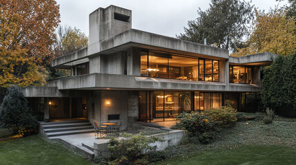 Obraz premium Concrete brutalist home with large windows in urban setting