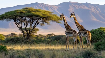 Fototapeta na wymiar Two giraffes stand peacefully under the golden light of dawn, their graceful forms set against a vast mountain range