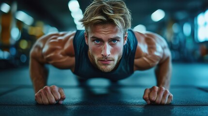 Fototapeta premium Muscular Man Doing Intense Push Ups in Modern Gym Fitness Workout Exercise